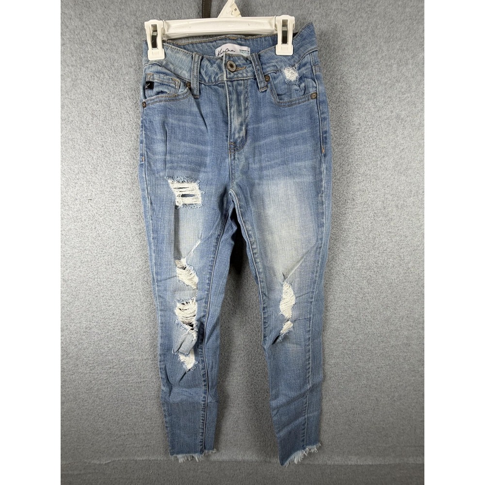 KanCan Jeans Womens 23 Light Wash Blue Distressed Skinny Crop Frayed Hem Denim